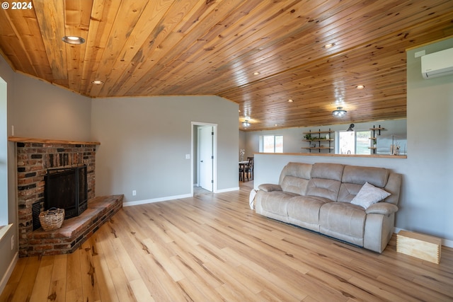 37075 Camp Creek Rd, Springfield, OR 97478 - living area with wood ceiling, wood finished floors, a wall mounted AC, recessed lighting, and vaulted ceiling