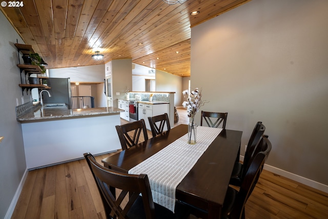 dining space with lofted ceiling, wooden ceiling, and light wood-type flooring