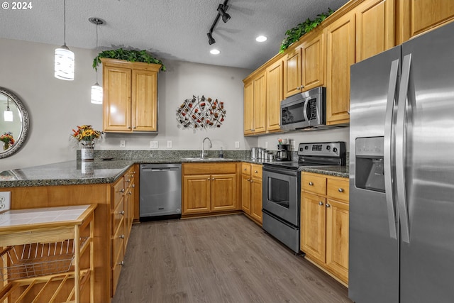 kitchen with appliances with stainless steel finishes, wood-type flooring, sink, hanging light fixtures, and kitchen peninsula