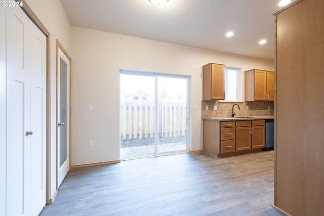 kitchen with backsplash, dishwasher, light wood-type flooring, and sink