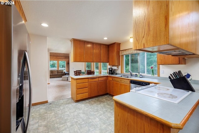 kitchen featuring appliances with stainless steel finishes, kitchen peninsula, plenty of natural light, and light colored carpet