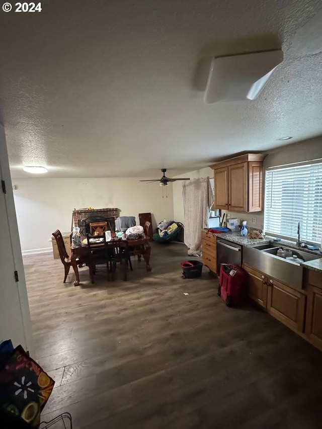 kitchen with a textured ceiling, ceiling fan, dark wood-type flooring, sink, and dishwasher