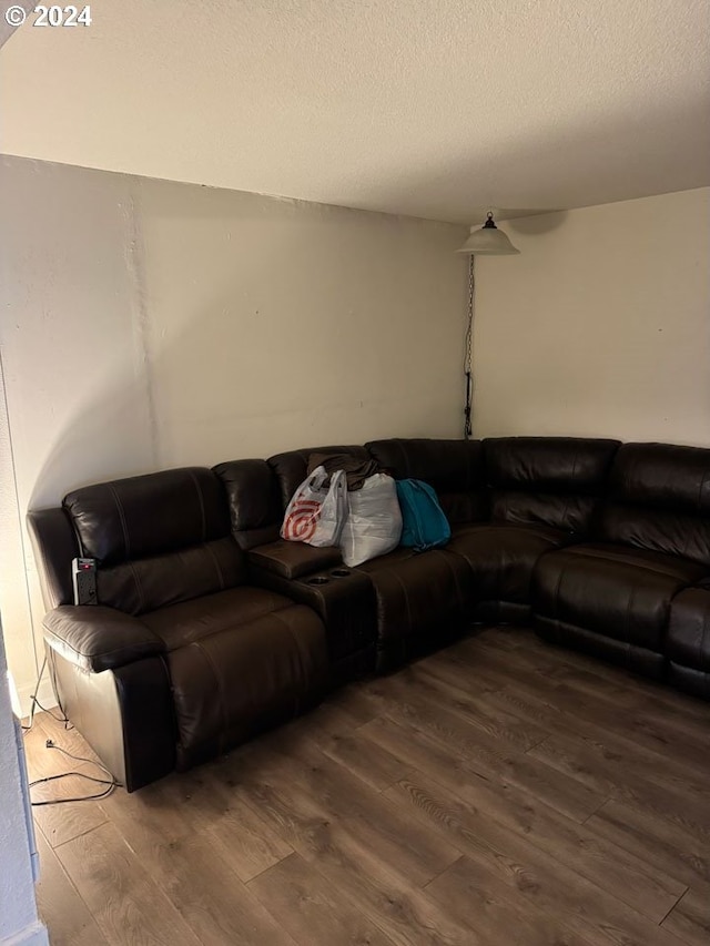 living room featuring hardwood / wood-style flooring and a textured ceiling