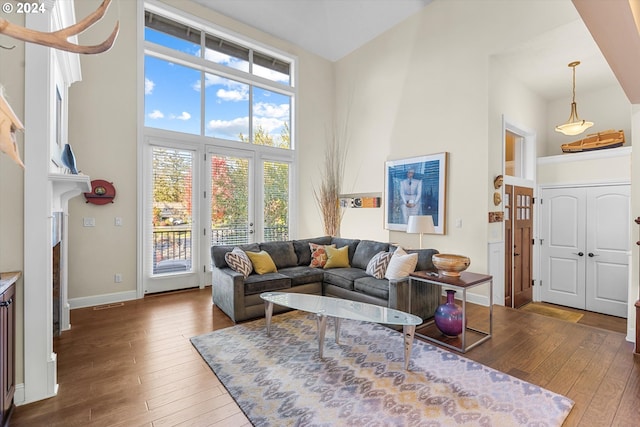 living room with a high ceiling and dark wood-type flooring