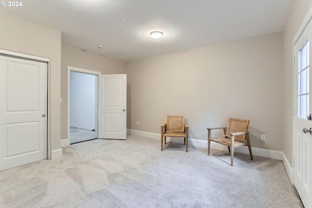 sitting room featuring light carpet and a textured ceiling