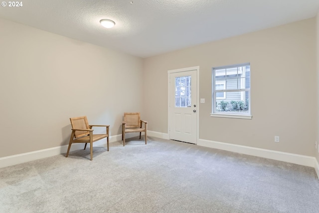 living area with light carpet and a textured ceiling