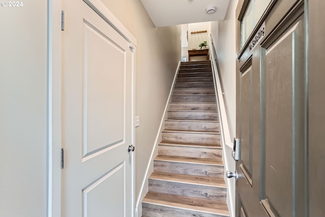 staircase with wood-type flooring