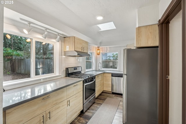 kitchen featuring appliances with stainless steel finishes, light brown cabinets, a skylight, tasteful backsplash, and sink