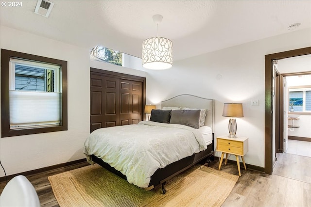 bedroom with a closet and hardwood / wood-style flooring