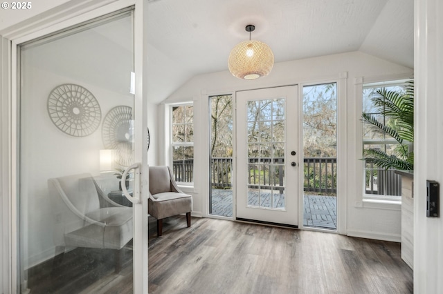 doorway with hardwood / wood-style floors and lofted ceiling