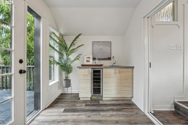 bar with lofted ceiling, wine cooler, dark wood-type flooring, and sink