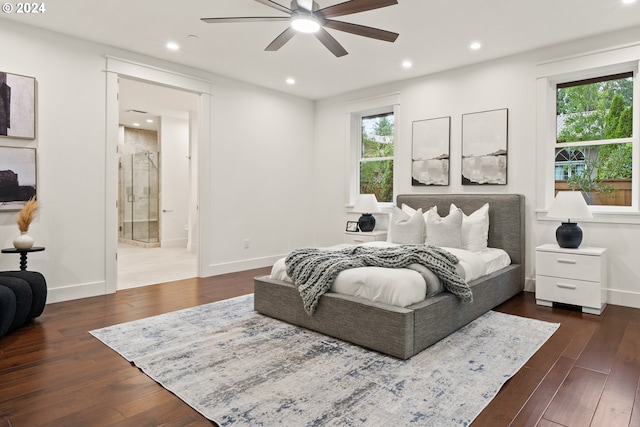 bedroom featuring connected bathroom, ceiling fan, dark hardwood / wood-style floors, and multiple windows