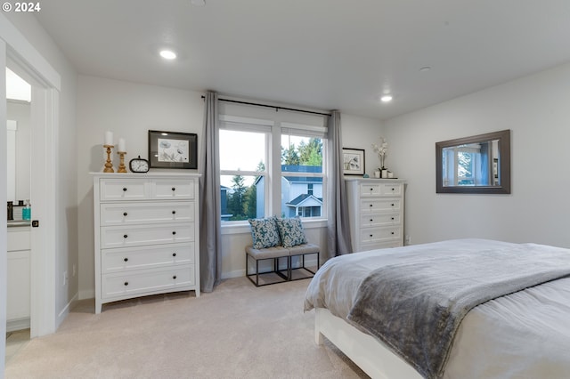 bedroom with light carpet