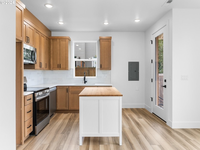 758 NE 91st Ave Unit 1, Portland, OR 97220 - kitchen with wood counters, stainless steel appliances, a sink, light wood-style floors, and backsplash