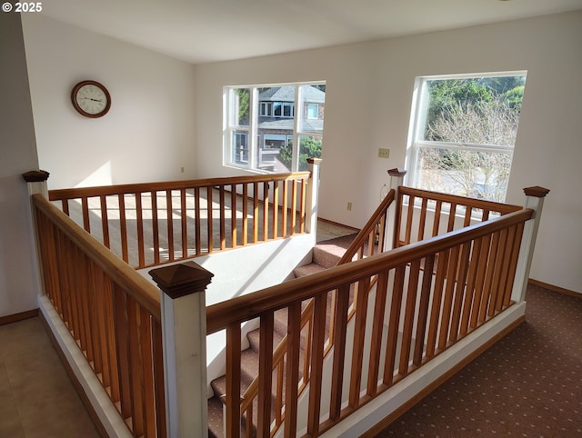 stairs featuring carpet, plenty of natural light, and baseboards