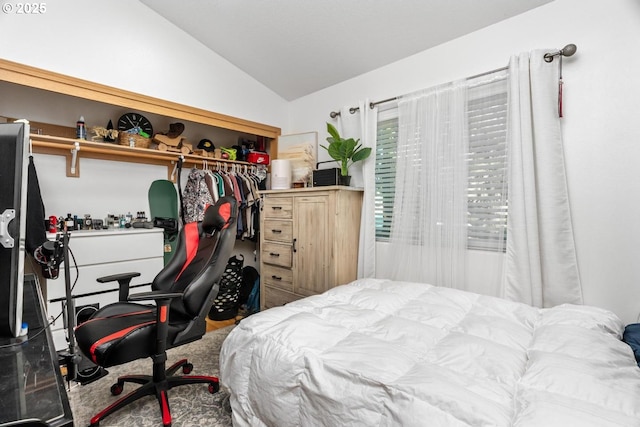 bedroom with vaulted ceiling and a closet