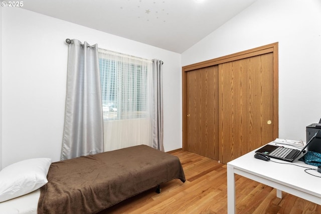 bedroom with hardwood / wood-style flooring, lofted ceiling, and a closet