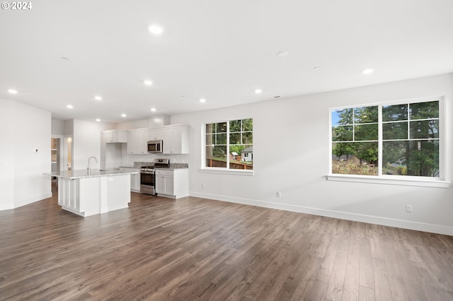 unfurnished living room featuring dark hardwood / wood-style flooring, plenty of natural light, and sink