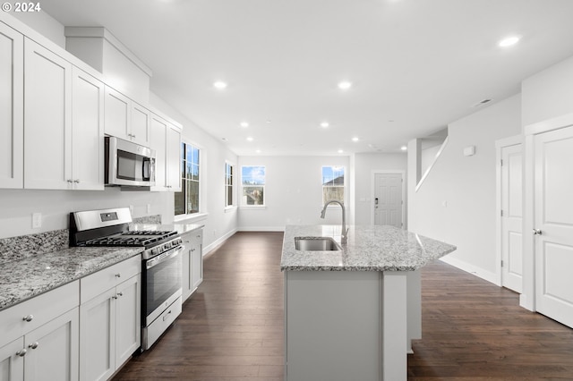 kitchen featuring light stone countertops, a kitchen island with sink, sink, and stainless steel appliances