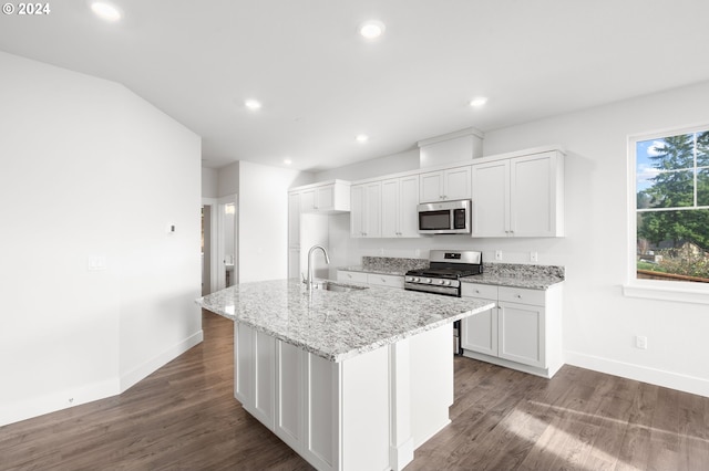 kitchen featuring light stone countertops, white cabinetry, sink, stainless steel appliances, and an island with sink