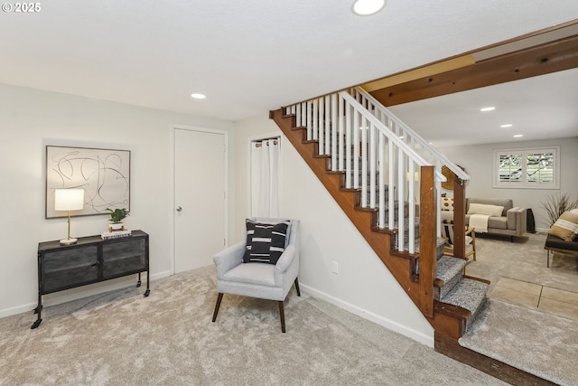 stairway with carpet, baseboards, and recessed lighting