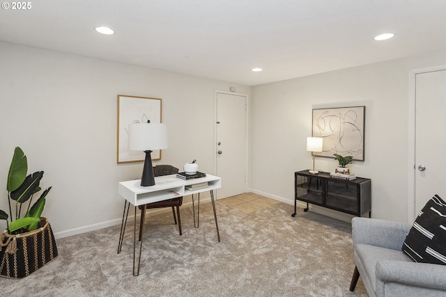 office area featuring light carpet, baseboards, and recessed lighting