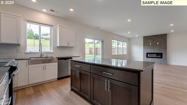 kitchen featuring electric range oven, stainless steel dishwasher, light wood-style floors, a large fireplace, and a sink