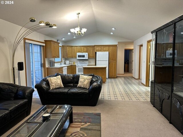 living room with vaulted ceiling, light colored carpet, sink, and a notable chandelier