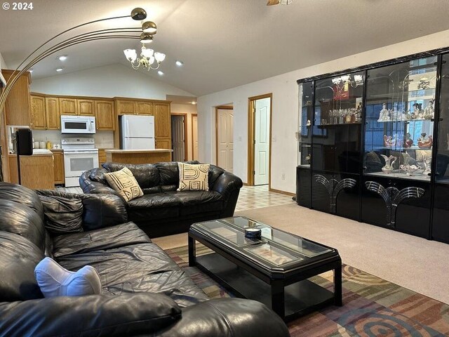 living room featuring light colored carpet, vaulted ceiling, and a notable chandelier