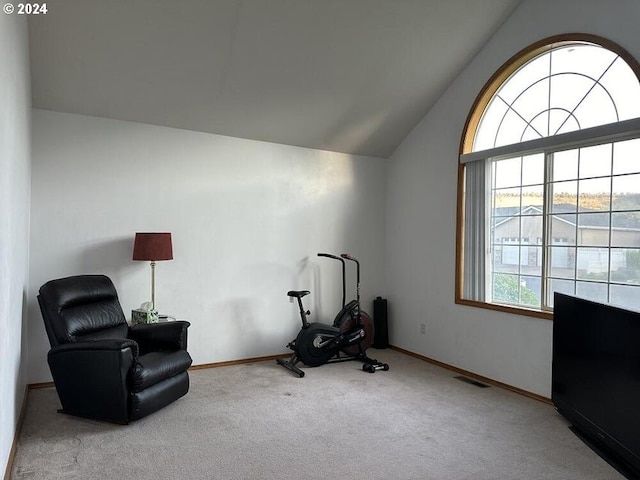 sitting room with carpet floors, lofted ceiling, and baseboards