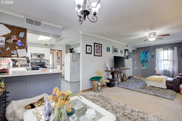 living room with sink, crown molding, ceiling fan with notable chandelier, and carpet flooring