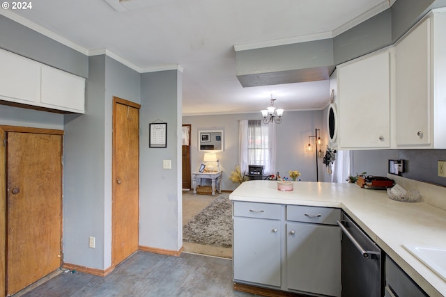 kitchen featuring hanging light fixtures, ornamental molding, dishwasher, kitchen peninsula, and white cabinets