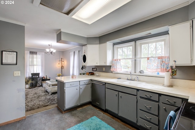 kitchen with sink, gray cabinets, stainless steel dishwasher, and white cabinets