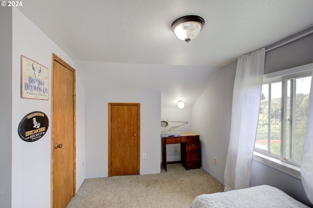 carpeted bedroom featuring lofted ceiling