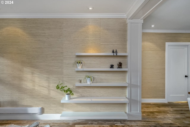 interior details featuring hardwood / wood-style flooring and crown molding