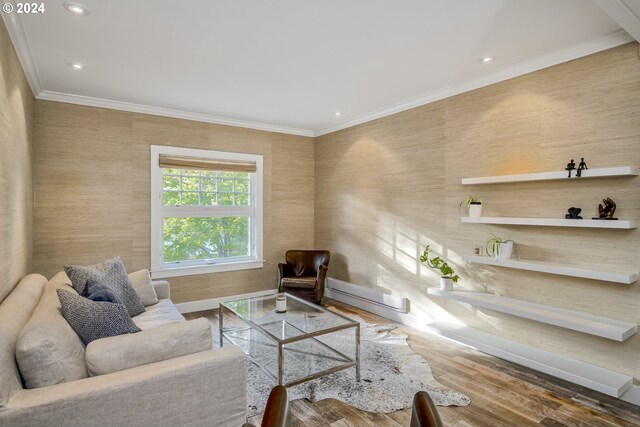1829 NW Lovejoy St Unit 303, Portland, OR 97209 - living area with crown molding, recessed lighting, baseboards, and wood finished floors