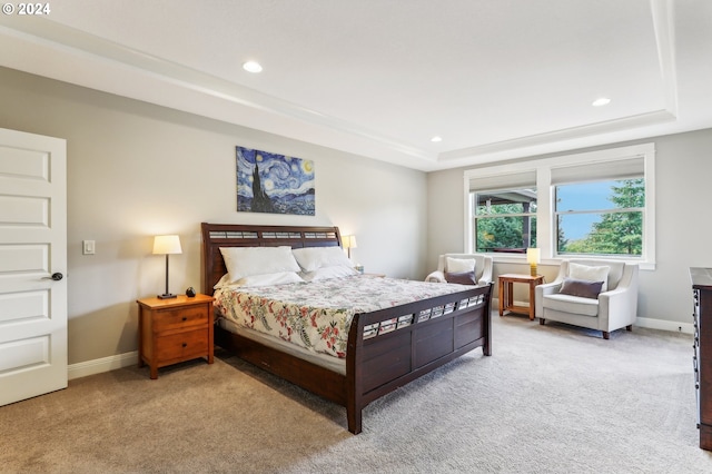 bedroom featuring a raised ceiling and light carpet