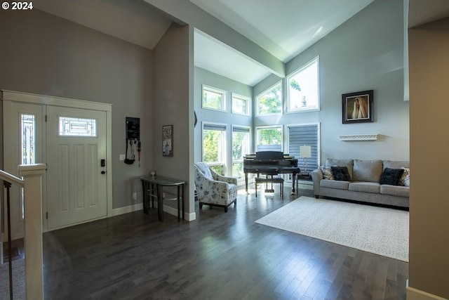 entrance foyer featuring dark hardwood / wood-style flooring and high vaulted ceiling