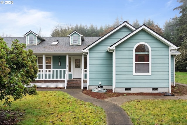 cape cod-style house with a porch and a front lawn