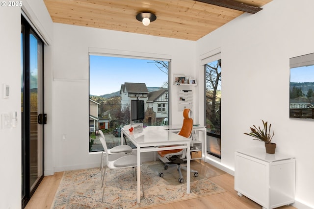 interior space with wooden ceiling and light wood-type flooring