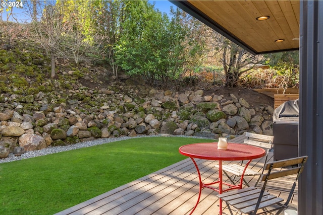 wooden terrace with a lawn