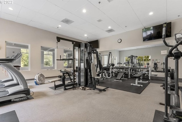 gym with a drop ceiling and carpet