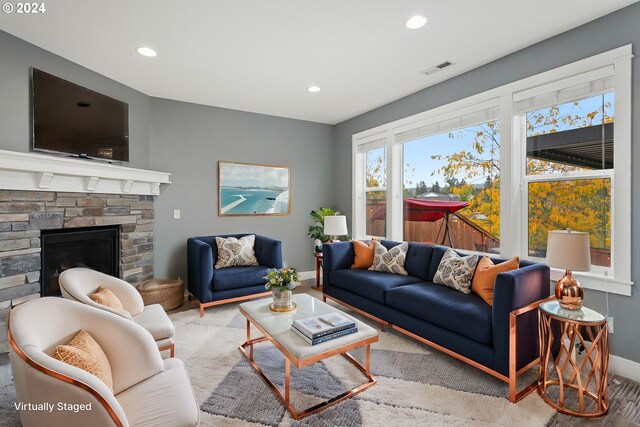 living room with a fireplace