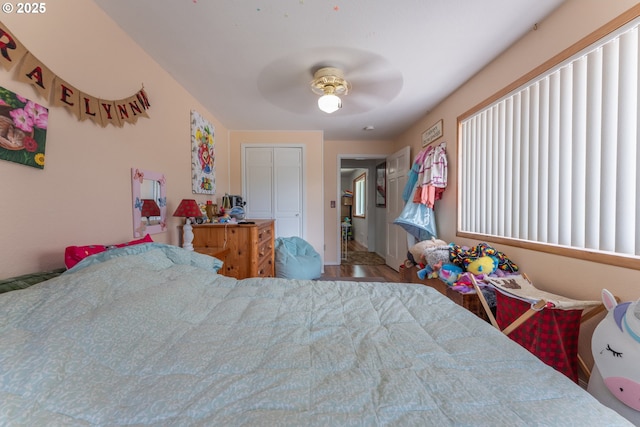 93777 Green Acres Ln, Coos Bay, OR 97420 - bedroom featuring ceiling fan and wood finished floors