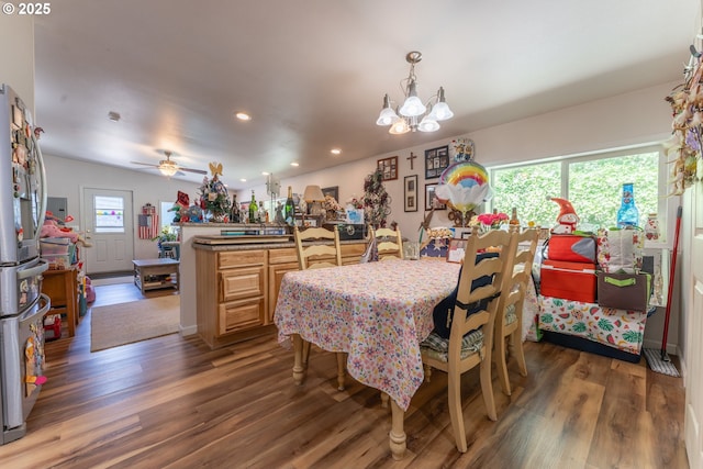 93777 Green Acres Ln, Coos Bay, OR 97420 - dining area with wood finished floors, a chandelier, recessed lighting, and ceiling fan