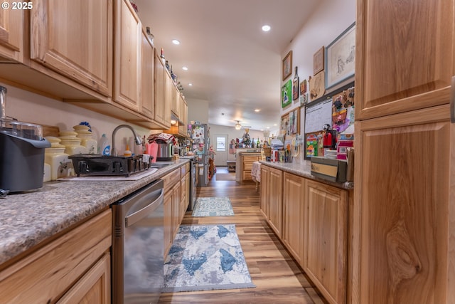 93777 Green Acres Ln, Coos Bay, OR 97420 - kitchen with stainless steel dishwasher, light wood-type flooring, and recessed lighting