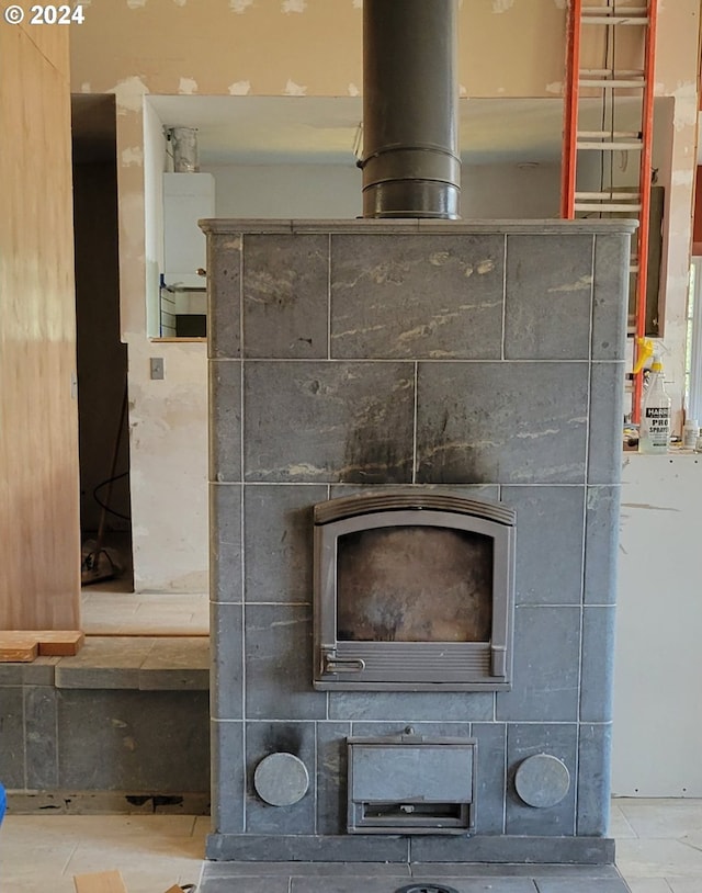 interior details with a wood stove