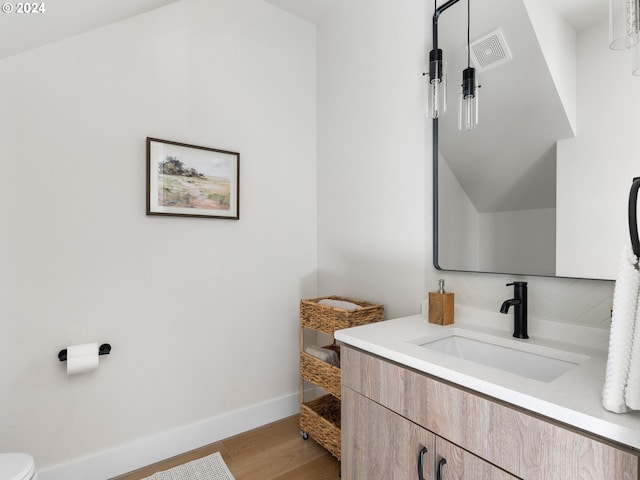 bathroom with vanity, hardwood / wood-style flooring, and toilet