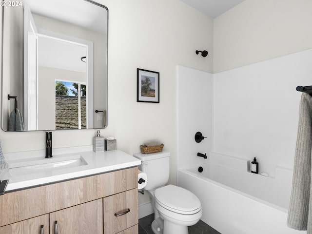 full bathroom with tub / shower combination, vanity, toilet, and tile patterned floors