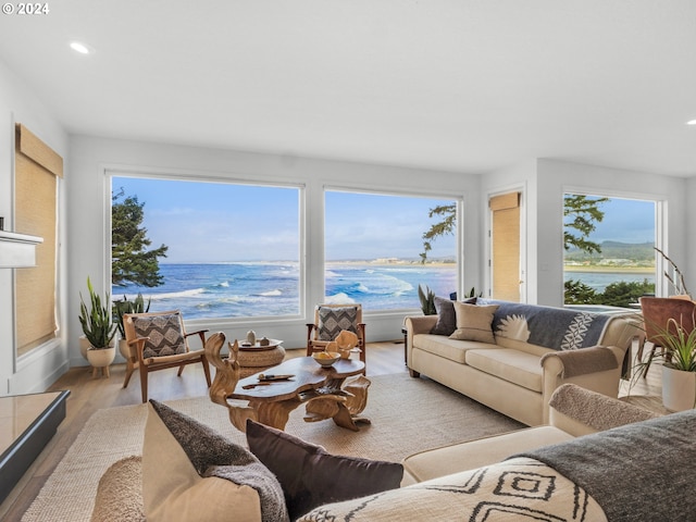 living room featuring a wealth of natural light, a water view, and light hardwood / wood-style floors